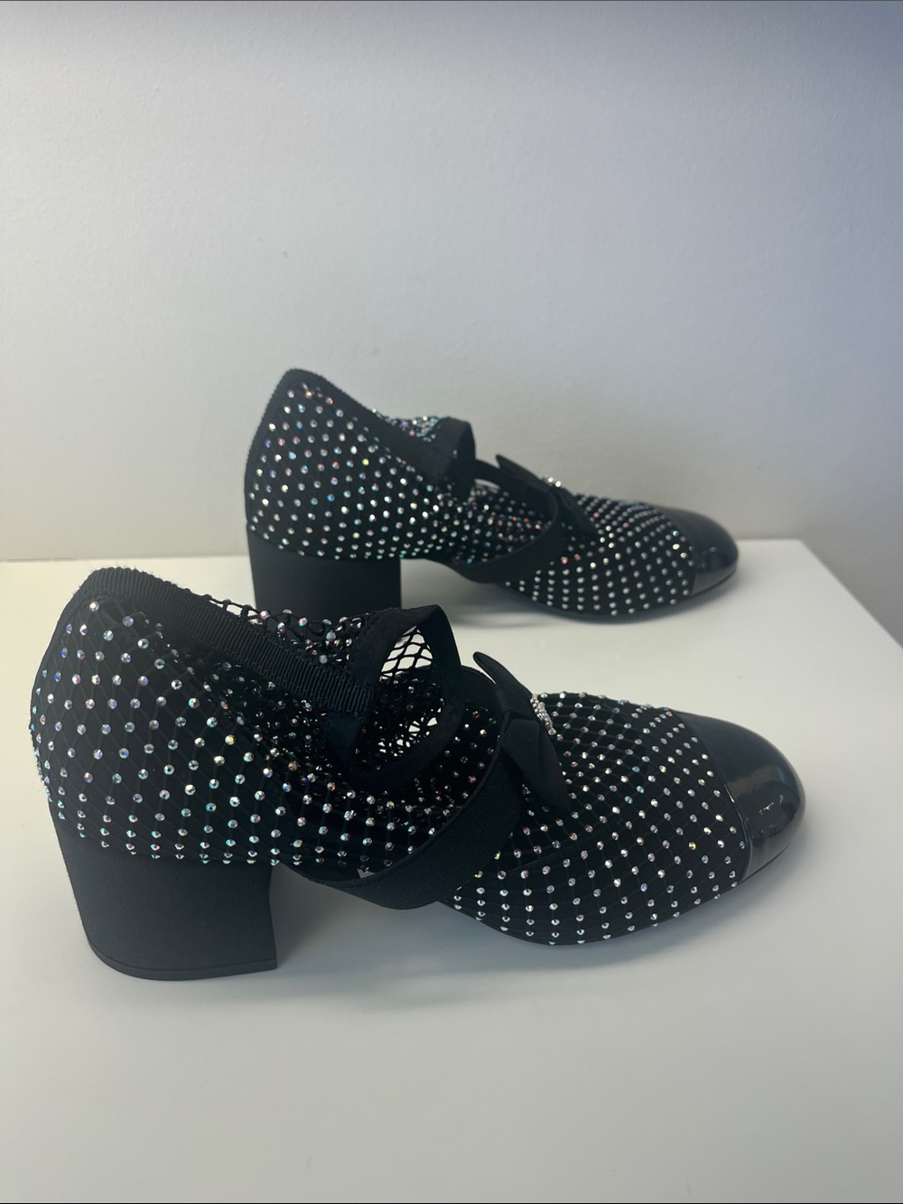 CHANEL Black Rhinestone-Embellished Mary Jane Block Heels. The Hottest chanel